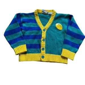 Vintage Cascade Kids Football Cardigan Sweater Bear Green Blue Yellow Boys 4T